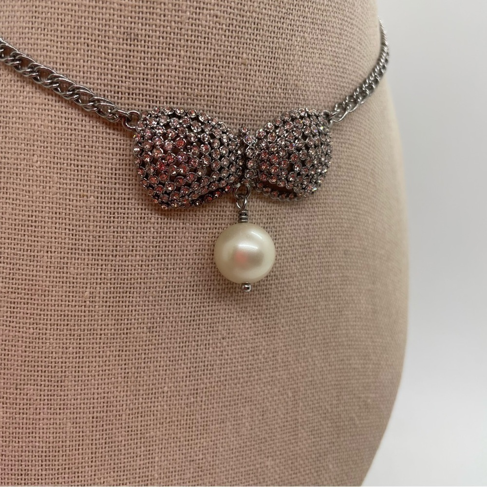 Pave Crystal Rhinestone Bow Tie and Faux Pearl Charm Silver Tone Necklace